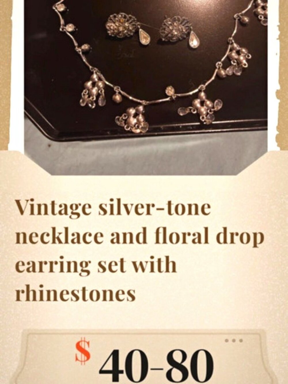 Vintage Silver-Tone Rhinestone Necklace & Floral Drop Earrings Set (2pc)